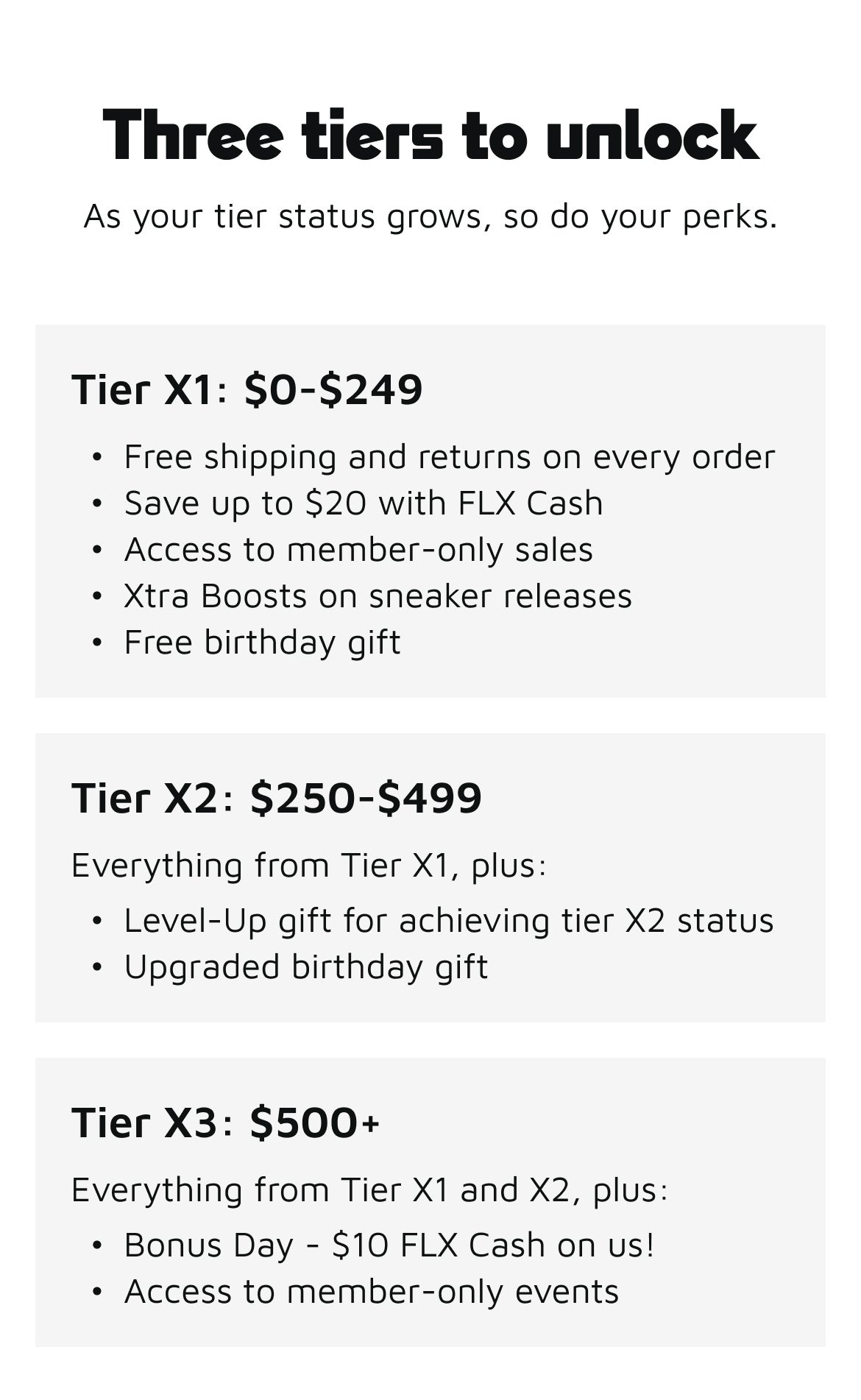 Three tiers to unlock as your status grows, so do your perks.